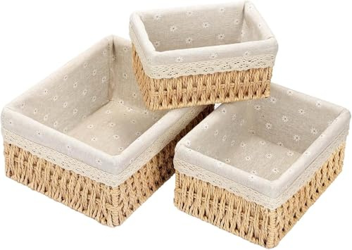 Geflochtene Aufbewahrungskörbe 3er Set für Wickeltisch Babyzimmer und Bad | Handgemachte Körbchen aus Papierseil mit Stoffeinsatz für Windeln Kosmetik Spielzeug und Badaccessoires