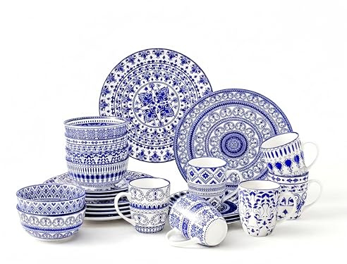 simpa 24PC Blue Florentine Porcelain Dinner Set. 6 Dinner Plates, 6 Side Plates, 6 Bowls & 6 Mugs. Dishwasher & Microwave Safe.