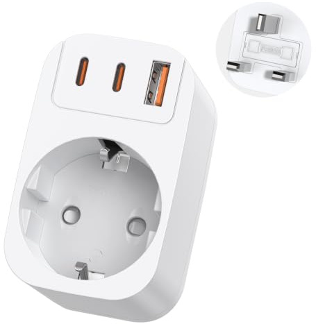 THUNIX Adaptador Enchufe UK, Enchufe de Viaje con 1 USB y 2 USB C,Adaptador Enchufe Español a UK Adaptador de Viaje Tipo G para EU a Irlanda, Malasia, Singapur, Hong Kong, Macao
