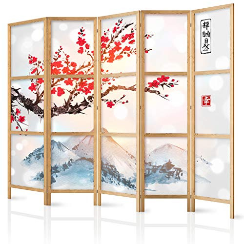 decomonkey Paravent Raumteiler Innen Weiß Landschaft, 225x171 cm, 5-teilig | Spa, Wohnzimmer, Room Divider, Wall, Raumteiler Stehend, Trennwand, Sichtschutz, Spanische Wand, Sichtschutzwand, Holz