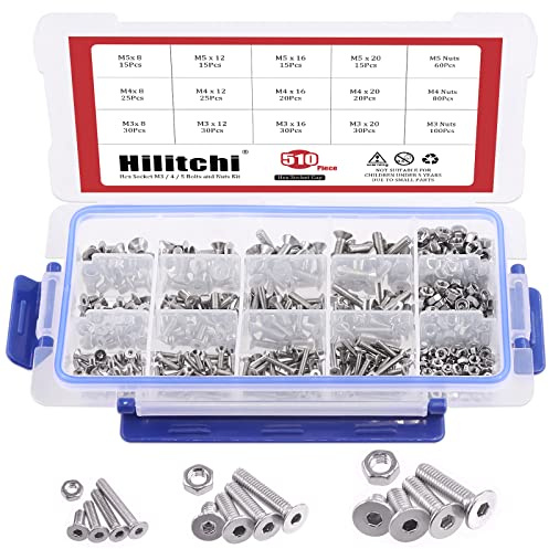 Hilitchi 510pcs M3 M4 M5 Stainless Steel Flat Head Hex Socket Head Cap Bolts Screws Nuts Assortment Kit - 304 Stainless Steel (Flat Head)