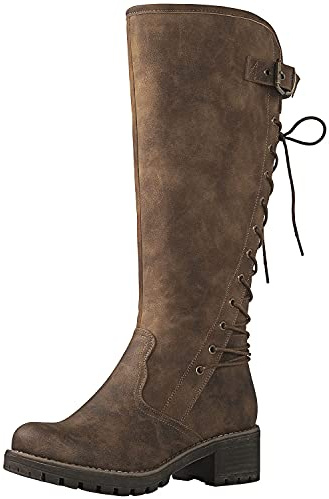 GLOBALWIN Women's Chunky Heel Camel Lace Up Back Knee High Fashion Boots 7M