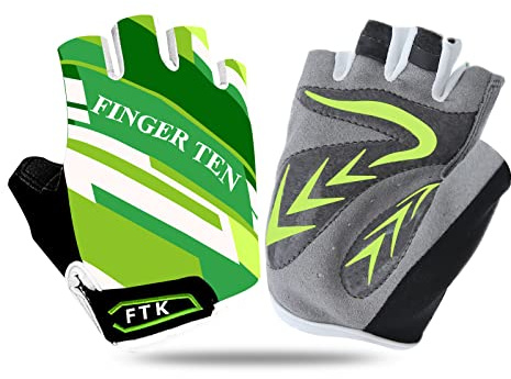 FINGER TEN Gants Velo Enfant Cyclisme Junior Running VTT Moto Demi-Doigt poignée Paire de Valeur, Gant Gel Résistant à l'abrasion Antideparant Mitaines Taille Petit Vert Rose Bleu (Vert, S)