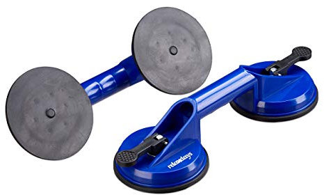 Relaxdays 2 Kopf Saugheber 2er Set, Transport von Scheiben, Fliesen & Platten, Glasheber 80 kg, Saughalter Ø 12 cm, blau, 7 x 32.5 x 12 cm