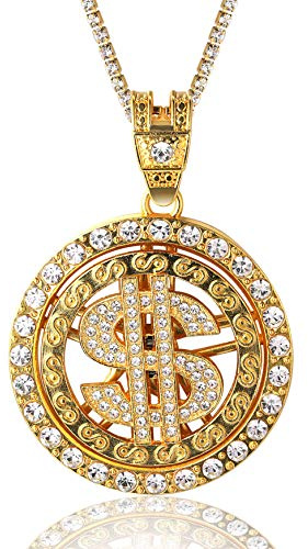 Halukakah Goldkette Herren Iced Out,18 Karat Echt Vergoldet Drehbarer US-Dollar Anhänger Halskette,Volle Cz Labordiamants Zinken-Set,mit Baby-Tennis-Kette 50cm,KOSTENLOSE Geschenkbox