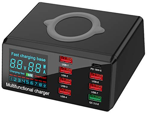 Braveking1 Caricatore Wireless Stazione Ricarica USB Multipla 100W 8 Porte Base di Ricarica LCD Schermo USB Docking Station con Una QC 3.0 e Un 18W PD Caricatore USB per iPhone iPad Samsung Huawei