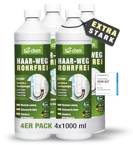 bio-chem Haar-Weg Abflussfrei – Abflussreiniger EXTRA STARK – 4x 1000 ML - Bis zu 20 Anwendungen je Flasche Rohrreiniger – Extrem effektiver Abflussöffner & materialschonend - Made in DE