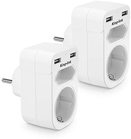 USB Doppelstecker Steckdosen, 2 Stücke Doppelsteckdose Adapter(4000W) mit 2 USB Anschluss (2.4A), Steckdosenverteiler 2 Fach mit USB Ladegerät, USB Stecker Kompatibel für Phone Laptop, Weiß