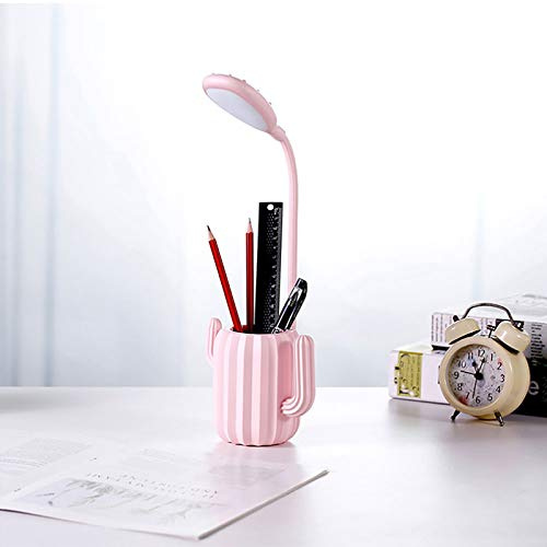 Lampe de bureau avec porte-stylo, lampe de table rechargeable par USB, 3 niveaux d'intensité avec interrupteur tactile, jolie forme de cactus, rose