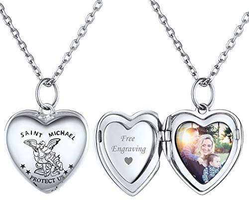 ChicSilver Damen Medaillon 925 Silber Herzanhänger mit Saint Michael Herz Kette mit Foto Herz Fotoanhänger personalisierter Modeschmuck für Paar Pärchen