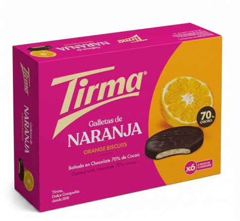 Tirma Galletas con Naranja Bañadas en Chocolate Negro 200g | 70% Cacao | Sin Huevo | Envueltas Individualmente