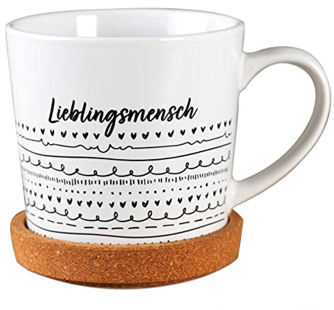 Papierdrachen Hochwertige Tasse aus Keramik mit passendem Kork Untersetzer - Tischdeko - Kaffeetisch - Kaffeetasse - Lieblingsmensch - für Kaffee, Tee und mehr