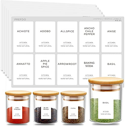 160 Spice Jar Labels, Prefdo Minimalist Preprinted White Sticker Black Text, Waterproof Seasoning Label stickers for Pantry Spice Organization（White）