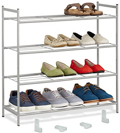 Relaxdays Schuhregal, Metall, mit 4 Ebenen, stapelbar, erweiterbar, HBT: 70 x 70 x 26 cm, bis zu 12 Paar Schuhe, silber