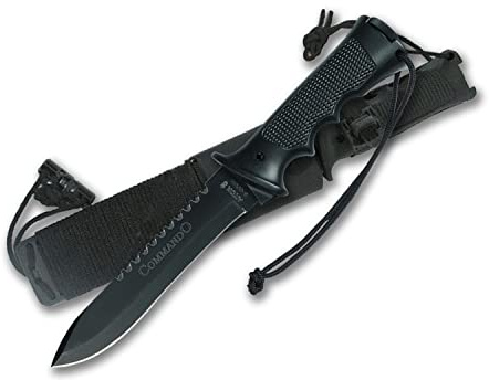 Aitor Cuchillo deportivo negro, caza, pesca y supervivencia Hoja: 175mm total: 310mm Espesor: 5mm Doble sierra. Mango y pomo: Peralumal con funda