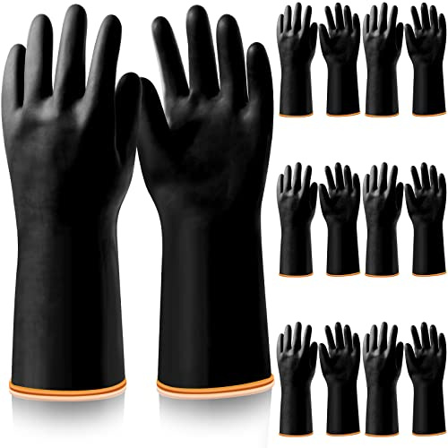 6 Pairs 14 Inch Large Chemical Resistant Gloves Heavy Duty Industrial Rubber Cleaning Black Protective Safety Waterproof Work Reusable Gloves for Car Home Lab