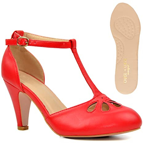 Chase & Chloe Women Mary Jane Oxford Pumps - Cute Low Kitten Heels - Retro Round Toe Shoe with Ankle Strap