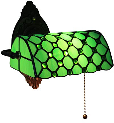 BOTOWI 10in Traditionelle Banker-Wandleuchte, Grüne Banker-Lampe, Retro Tiffany Glasmalerei Wand montiert Nachttisch Leselicht mit Pull-Kette Schalter, Verstellbarer Lampenschirm,Antike Lampe,Green b