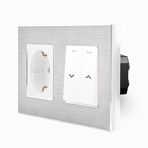 Luxus-Time Wipp Schuko Steckdose + Rollladentaster Impuls-Schalter für Jalousie Markiese Rollladen Hoch/Runter inkl. Aluminium Rahmen 2 Fach Einbau UP weiß