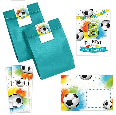 Minkocards 10 Einladungskarten zum 8. Kindergeburtstag Junge Fußball Fussball Einladungen zum achten Geburtstag incl. 10 Umschläge, 10 Partytüten/petrol, 10 Aufkleber, 10 Lesezeichen