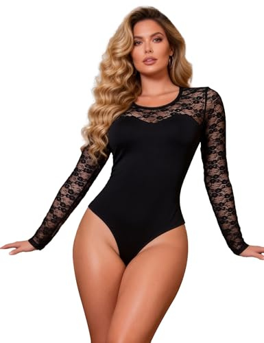 ohyeahlady Women's Bodysuits Sexy Mesh Lace Lingerie Long Sleeve Leotard Body Suit Black Jumpsuit Clubwear Tops Plus Size UK 14