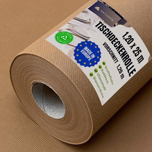 NATUARTE, Tischdeckenrolle, 1.20m x 25m, VORSCHNITT alle 1,20m, Stoffähnliches Vlies Tischdecke, Einweg, Für Feier Geburtstag Party Veranstaltungen, Beige 1.20x25m