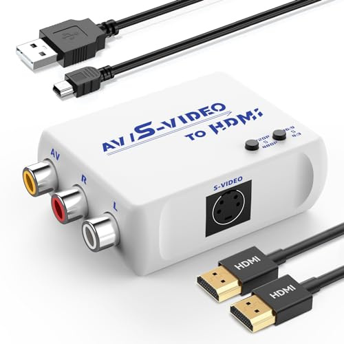HTDYOO RCA/S-Video to HDMI Converter Adapter, Support 4 : 3/16 : 9 Aspect Ratio Switch, 720P/480P, S-Video AV to HDMI Converte Compatible for PAL/NTSC for TV/PC/PS1/PS2/ STB/Xbox/VHS/VCR/DVD(White)