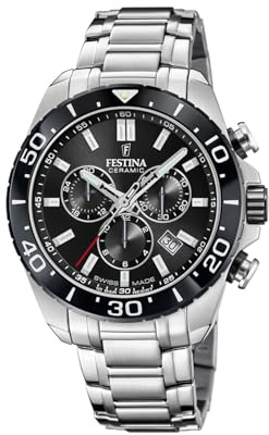 Festina Swiss Made Herrenuhr Analog aus Edelstahl 316l Silberfarben | Quarzwerk, Chronograph, Kalender, Robustes Saphirglas, Wasserdicht 10 ATM F20042/4 Chrono