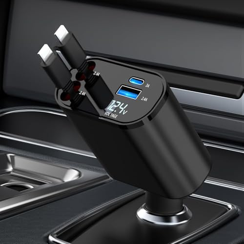 Aimtel Caricatore da Auto Retrattile,Caricatore Rapido da Auto 60W, 2 Cavi Retrattili per iPhone e Adattatore per Caricatore da Auto a 2 porte USB Compatibile con iPhone14/13/12/11/Pro/Pro Max/iPad