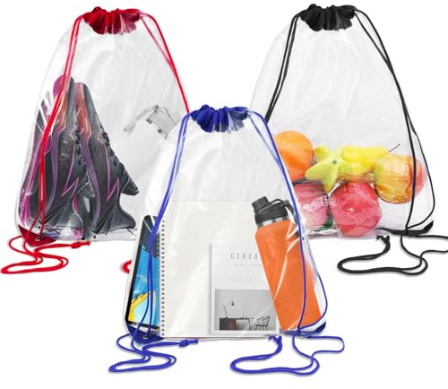 Piuluvor® 3 Stück Durchsichtiger Rucksack Transparent Turnbeutel Wasserdicht Drawstring Cag PVC Clear Bag Festival Transparente Tasche Klein mit Kordelzug Unisex (34 × 45cm)