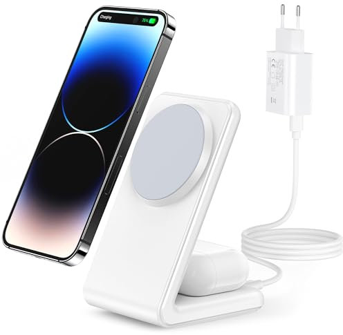 Meifigno 2 in 1 iPhone Ladestation Kompatibel mit MagSafe Ladegerät, Induktive Wireless Charger Stand für iPhone 16/15/14/13/12 Pro Max, AirPods 4/3/2/Pro - Weiß (inklusive USB-C Kabel und Netzteil)