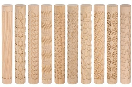 Sourcing Map 10pcs Wood Clay Roller Pattern Modeling 5.9 Inch Beech Wood Hand Rollers Wooden Pottery Tools with Wood Grain Texture for Clay, Baking Playdough DIY