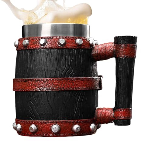 Tasse à café médiévale,Tasse médiévale, Gobelets avec poignée 600 ml, Chope à bière en fût en bois imitation, chope à bière vintage en acier inoxydable, tasse à bière