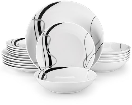 VEWEET Porcelain Dinnerware Sets for 6, 18 Pieces Plates and Bowls Set with Black and Grey Ribbon Lines, Dishes Set Dining Ware for Dinner, Microwave and Dishwasher Safe, Series Fiona