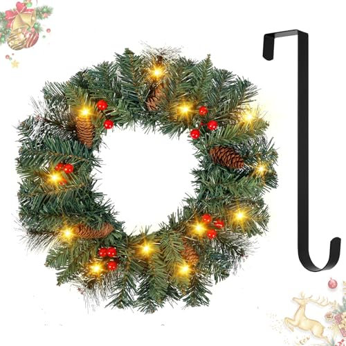 Couronne Noel Porte 40cm Couronne Fleurs avec LED Artificielle Suspendues Décoration Noel avec Crochet Guirlande Sapin Noël Porte Guirlande Cadre Cheminée Murale