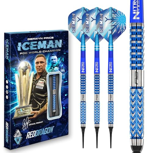 RED DRAGON Darts – Professioneller Spieler - Gerwyn Price Iceman Glacier - 90% Wolfram - 18g Fass / 20g Volles Gewicht Weiche Spitze Dart-Set mit Dart Flüge und Dartschäfte
