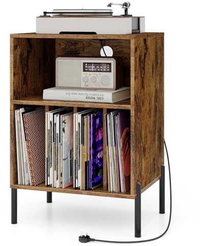 COSTWAY Record Player Stand with Charging Station, Turntable Stand End Side Table with 5 Shelves for 150 Albums, Metal Legs Vinyl Record Storage Cabinet Holder for Living Room Bedroom (Rustic Brown)