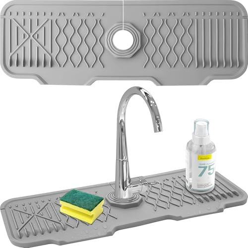Faucet Mat for Kitchen Sink, 43x15cm Silicone Kitchen Sink Splash Guard Drain Mat, Drip Catcher Tray Self Draining Sinks Protector, Anti-Slip Water Catcher Mats for Countertop Protection