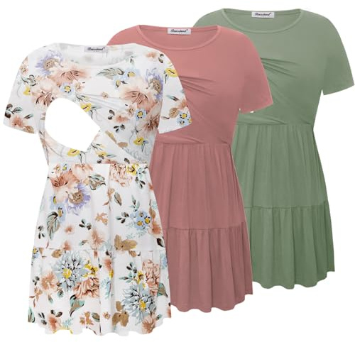 Bearsland Women’s Nursing Top 3pack Short Sleeve Scoop Neck Nursing Shirt Breastfeeding Shirts, Grayish Green & Rose Pink & Brown Flowers, L