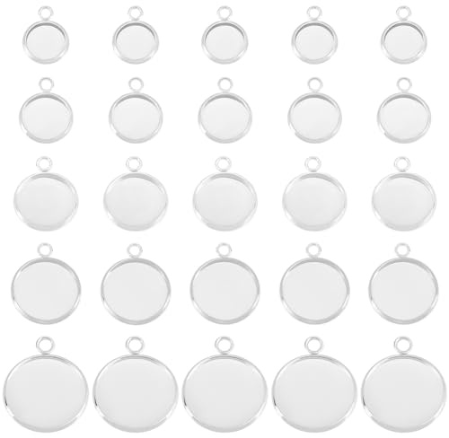 Beebeecraft 1 Box 40 Stück 12/14/16/18/22mm Leere Cabochon Fassungen 925 Sterling Silber Plattiert 304 Leere Lünettenschalen Aus Edelstahl Flache Runde Charms Mit Schlaufe Zur Schmuckherstellung