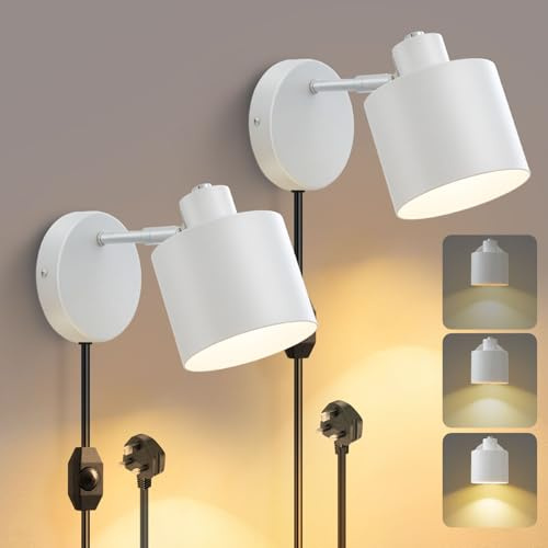 Glowlit Plug in Wall Lights for Bedroom Set of 2, Plug in Wall Lamp with Switch Dimmable, Rotatable Bedside Wall Lighting Fixtures for Living Room Hallway, White (Bulb Not Included)