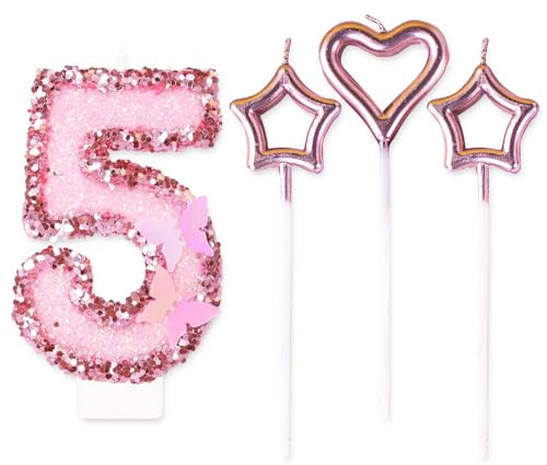 OAOSDH 1 Pezzo di Candela di Paillettes A Farfalla di 5 Anni E 3 Pezzi di Candele d'Amore Stella, Candele per Torte, Decorazioni per Torte, Candele Creative.