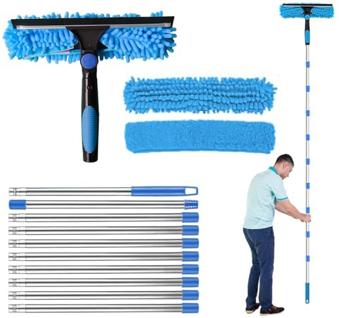 4.5M Window Cleaning Kit, Extra Long 2-in-1 Extendable Window Cleaning Equipment with Microfiber Cloth Squeegee Strips for High Windows, Walls & Cars (blue)