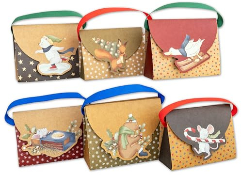 Papierdrachen Geschenkschachteln Handtaschen Wintertiere - 6 x kleine Geschenkboxen in 2 Größen - festliche Geschenkverpackung für Geld u. Kleinigkeiten - Weihnachten u. Nikolaus - wiederverwendbar