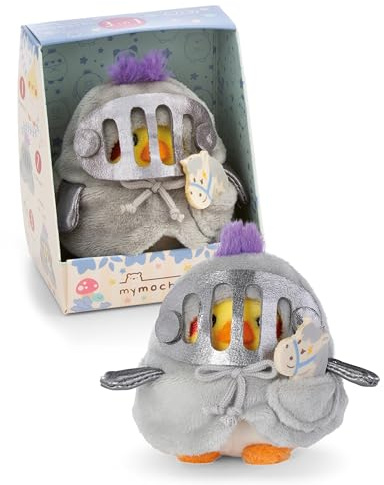 NICI mymochi 62586 Gosedjursset med parakiten Chipsy på 8 cm, med käpphäst och riddardräkt i presentförpackning på 8,5 x 6,5 x 10 cm, sött kawaii-mjukisdjur att gosa och leka med, beige