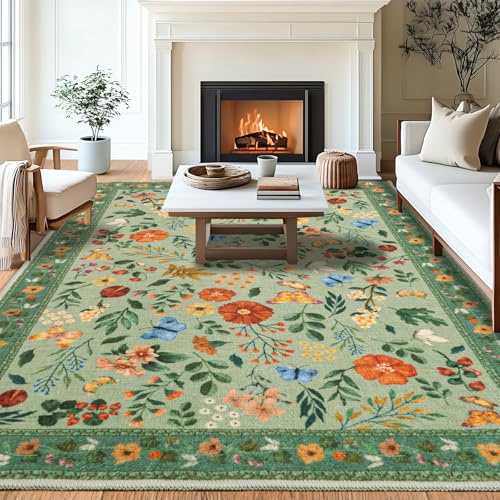 Tvättbar matta vardagsrum 200 x 300 cm, boho-blommor mattor kort lugg sovrum, matta retro accent blommor design kasta stora mattor för kontor matsal barnrum vardagsrum, grön