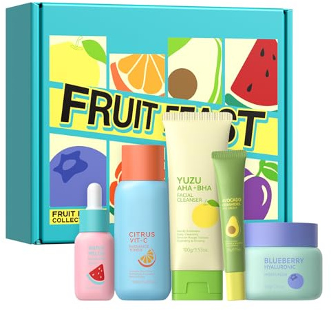 BeauBase Kit de cuidado facial de frutas para mujer, 5 piezas, con limpiador, tónico, suero, crema para los ojos y crema hidratante, adecuado para mujeres, hombres y adolescentes