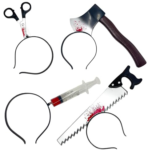 4 Pezzi Fascia Spaventosa Halloween,Coltello Testa Fascia per Capelli di Halloween,Decorazione Fascia diHalloween,Fascia per Capelli Forbici Coltello Ascia,per Mascherata Accessorio Costume