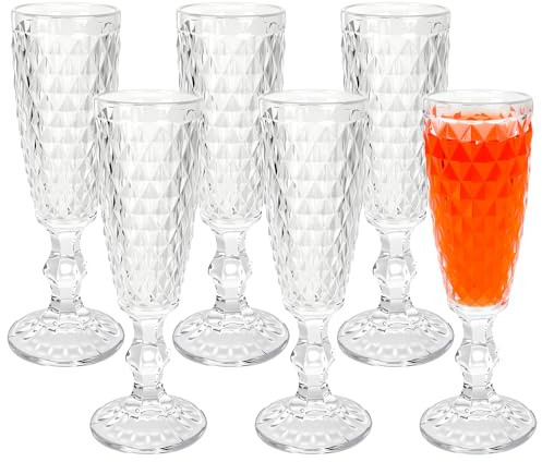 Loxiia Champagne Flutes 150ml/5 oz Set of 6, Vintage Wine Glasses, Colored Glassware Set, Water Goblets for New Year Christmas,Party, Wedding, & Daily Use (Transparent)