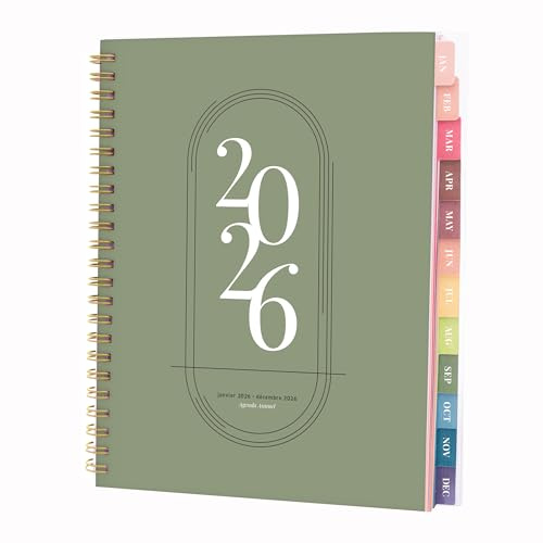 Rileys Agenda Journalier 2026, Planner 2026 Scolaire et Familial, Semainier et Planificateur Hebdomadaire Mensuel, Agenda Professionnel à Spirale pour Fille et L’Étudiant (Vert, 20 x 15 cm, Français)